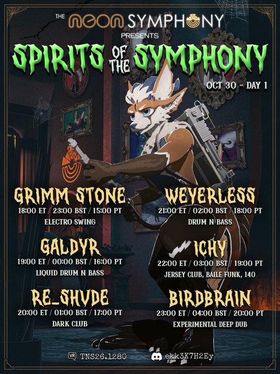 TheNeonSymphony's tweet photo. Screams and wails echo through the halls. Be careful, the ghosts of the symphony have taken to the stage! 

The Neon Symphony is proud to present:

Spirits of the Symphony! 

The link to our Halloween avatar contest is linked below!
Show us your holiday fits! https://t.co/3So61z9SAa