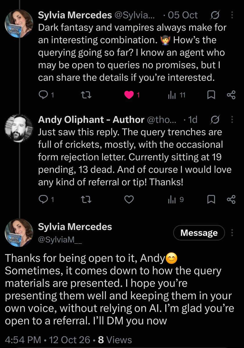 thousandwntrs's tweet photo. #authorbeware So disappointing. Thought I had a genuinely helpful comment, turned out to be a thinly veiled scam / service sales attempt. Don't know if it's this person doing it, or they got hacked. Post history mentions they have assistants posting on their behalf. Blocked. https://t.co/ZZYKtiDv7B
