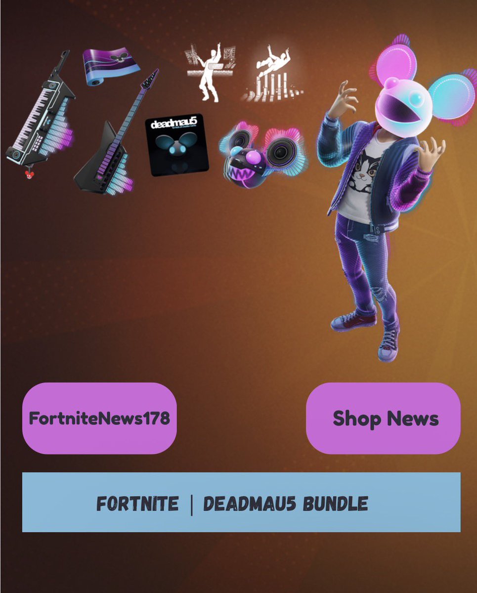 FortniteNews178's tweet photo. Deadmau5 is back in the Fortnite Item Shop until October 17! 

deadmau5 — Bundle | 2600 V-Bucls
- deadmau5 — Outfit | 1500 V-Bucks
- Surf the Soundwaves — Emote | 500 V-Bucks
- mau5lab — Emote | 500 V-Bucks
- Ghosts n’ Stuff — Jam Track | 500 V-Bucks
- mau5 Head — Back Bling | 400 V-Bucks
- Keys n’ Stuff — Keytar | 800 V-Bucks
- Lightwave Bridge — Bass | 800 V-Bucks
- deadmau5 Wave — Wrap | 500 V-Bucks