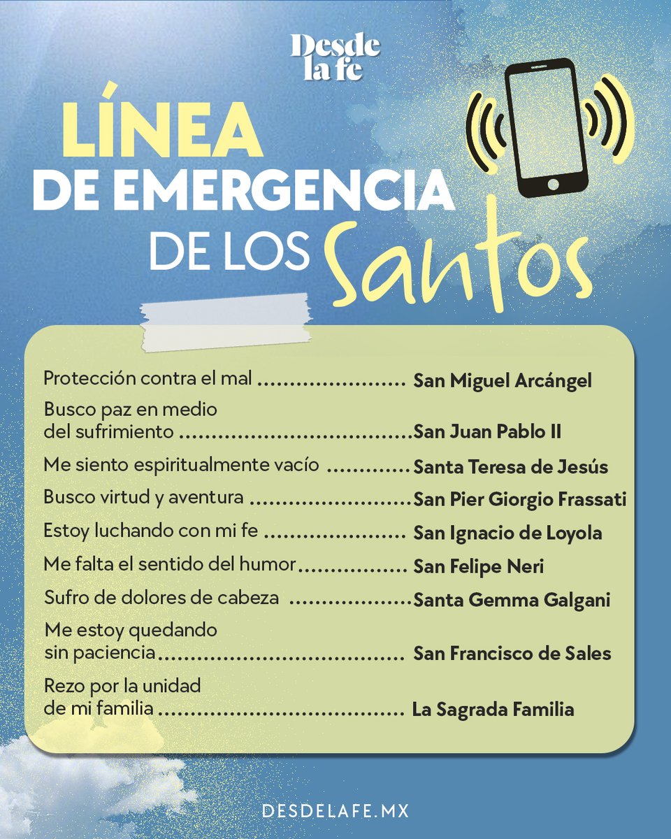 DesdeLaFeMx's tweet photo. ¿Qué santo necesitas hoy? 😇

Para cada lucha hay una oración, una vida que inspira y un santo al que podemos pedir su intercesión. 

Guarda esta “línea de emergencia” para cuando la necesites. 

#Santos #Maestros https://t.co/DjXs7IeLDv