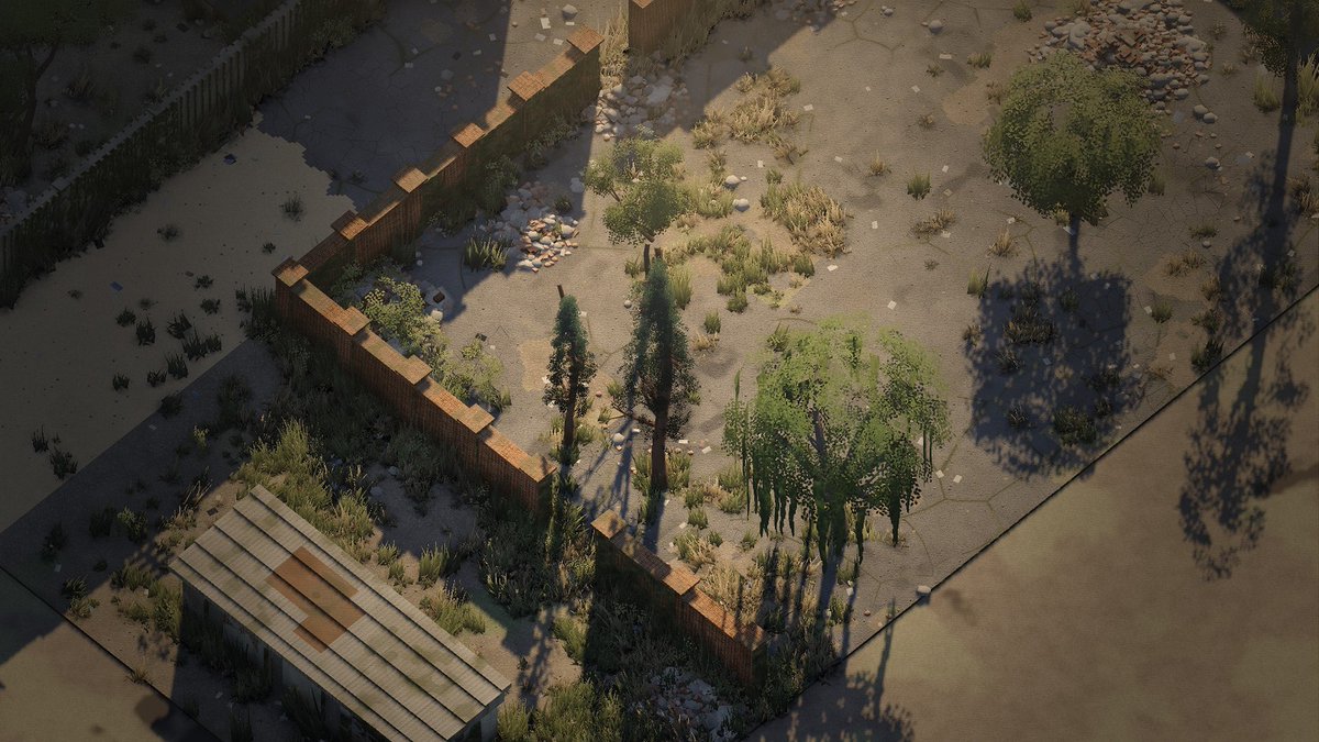 stillthegame's tweet photo. Same yard, two sun angles. At noon: dust and concrete. With the sun 7° above the horizon: gold. The willow, the pines, the brick wall and the grass were all rebuilt this week. #indiedev #gamedev https://t.co/DqV5FSJhoZ