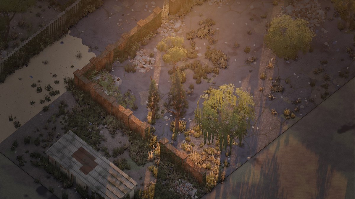 stillthegame's tweet photo. Same yard, two sun angles. At noon: dust and concrete. With the sun 7° above the horizon: gold. The willow, the pines, the brick wall and the grass were all rebuilt this week. #indiedev #gamedev https://t.co/DqV5FSJhoZ