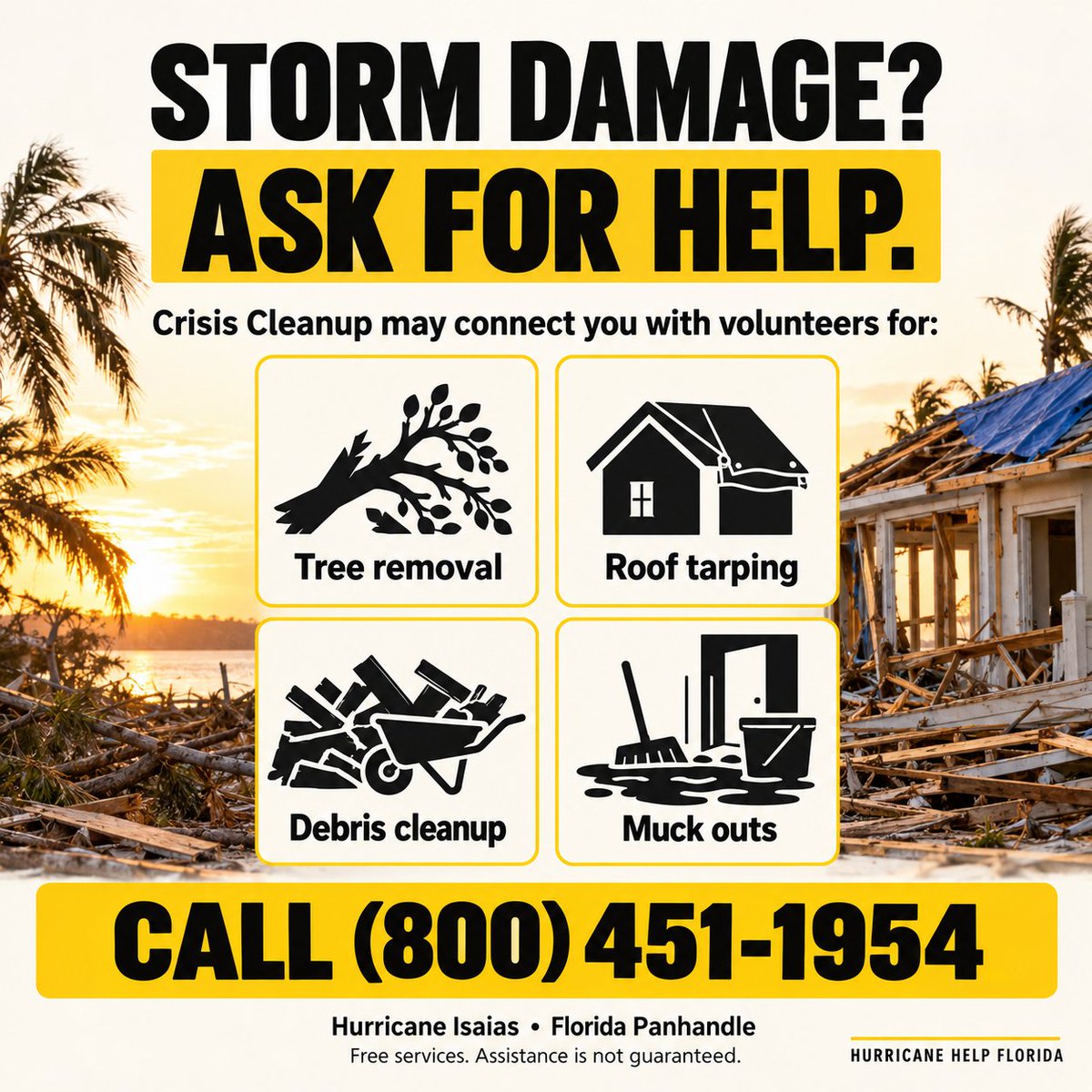 HurricaneHe1pFL's tweet photo. Was your home in the Florida Panhandle damaged by Hurricane Isaias?
Call Crisis Cleanup at (800) 451-1954 to request FREE volunteer cleanup assistance. Participating relief organizations may be able to help with fallen trees, debris, roof tarping and muck outs.

#HurricaneHelpFl https://t.co/SxxJEDjoIp