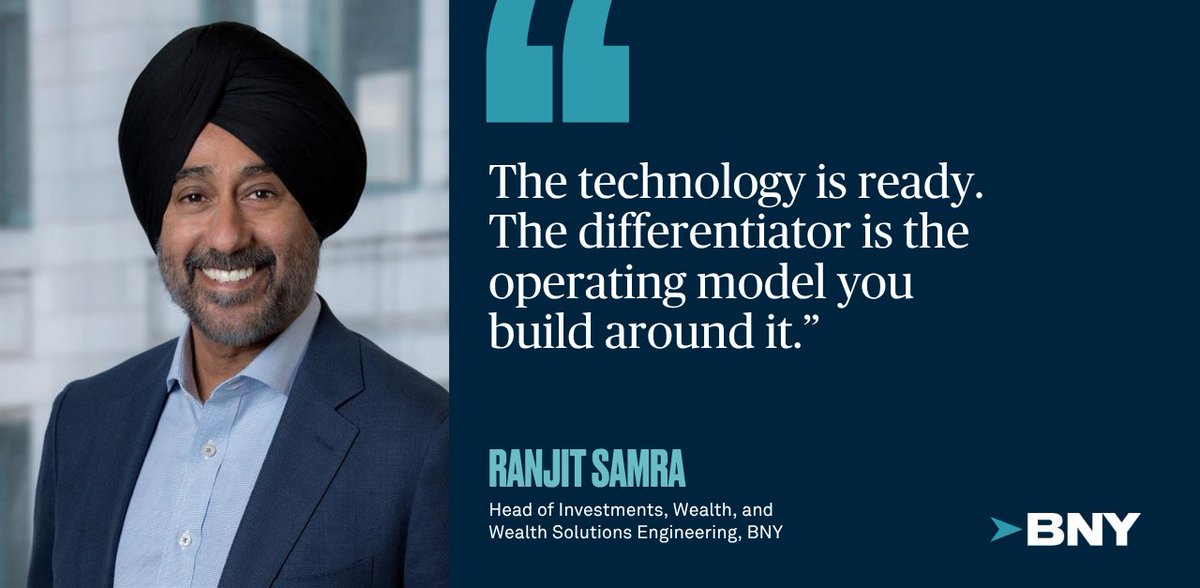 Pershing's tweet photo. ✨ The #tech is ready. What firms build around it is what makes the difference.

In his latest article, @BNYglobal's Ranjit Samra explores seven ways wealth management firms can rethink operating models, unlock greater value from tech investments and prepare for what's next in an AI-driven industry.

https://t.co/GD4XkvyGPc