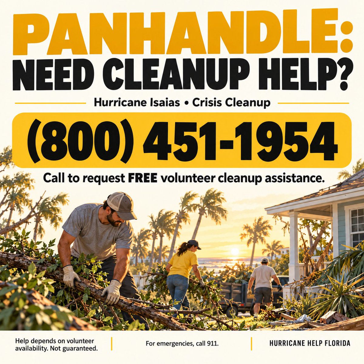 HurricaneHe1pFL's tweet photo. If someone you know is facing cleanup after Hurricane Isaias, share the Crisis Cleanup hotline: (800) 451-1954.

Residents can call to request free volunteer assistance with storm-damaged homes. Help depends on available teams and is not guaranteed.

Please check on neighbors. https://t.co/z9OkrRHnja