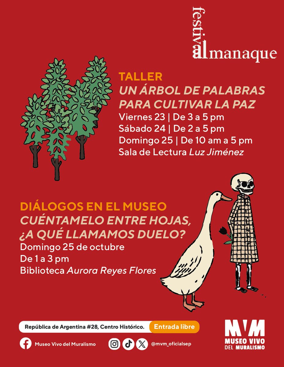 mvm_oficialsep's tweet photo. #OctubreEnElMVM se suma al 1er #FestivALMANAQUE 📚una iniciativa de la Red de Bibliotecas y Archivos del Centro Histórico #RBACH 📄 Únete a los recorridos especiales 🖼️, talleres 🍃, diálogos 🗣️ y cuentacuentos 🧚🏼 que tenemos para ti ✨
🗓️ Consulta las actividades y horarios https://t.co/Od3Mgw1TUn