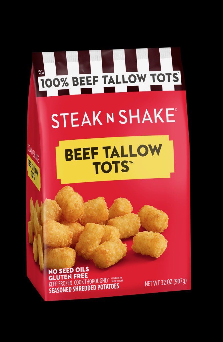 SteaknShake's tweet photo. BIG NEWS FOR SEED-OIL HATERS! 🚨

If you love Steak n Shake's beef tallow fries and tallow tots, you no longer have to travel a long distance to one of our restaurants! Now you can also grab them at your local TARGET store. 🎯🍟

Let’s be honest: Seed oil has absolutely no business in your home freezer. If you're cooking crispy, restaurant-quality fries and tots at home, do it right with products that use 100% beef tallow — made right here in the U.S.

Stock up your freezer today! 

MAHA🇺🇸
