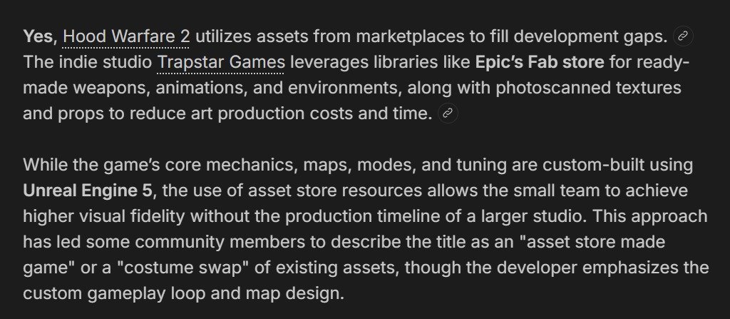 IndieGatsu's tweet photo. hood warfare 2 uses epic's asset store for its models and they honestly may have even used ai in the coding. 

currently with 10k+ players, i wonder where the people who say "using asset store items is slop" and "ai code is slop" are at? 

The game is $5, and 10k players means they made already 50k.