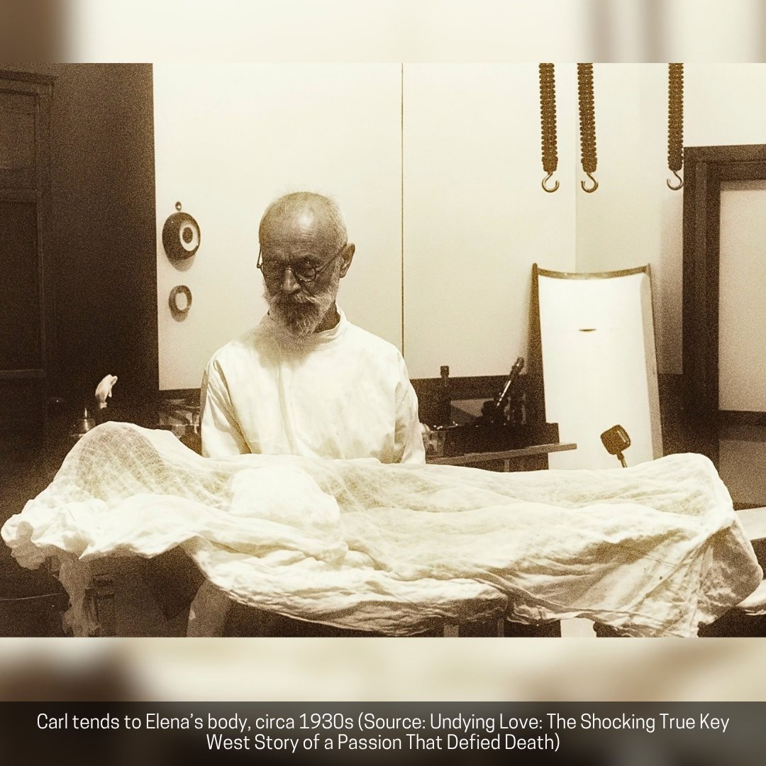 case_file's tweet photo. 5. Official portrait of Carl Tanzler’s supposed ancestor, Countess Anna Constantia von Cosel, painted in 1713 
6. Elena Milagro Hoyos’s mausoleum in Key West Cemetery 
7. Carl tends to Elena’s body, circa 1930s 
8. Aerial photo depicting the extensive damage done by the 1935 Labor Day Hurricane in southeastern Florida
