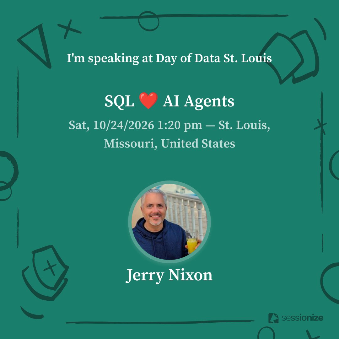 jerrynixon's tweet photo. Hey there St. Louis. Back to Missouri where I was born and raised. Can't wait to show you SQL's AI features. There's also a workshop you can come to! https://t.co/XxeKuHQSnF and https://t.co/5TZ60mgFa7 https://t.co/abB2Sjk4CN