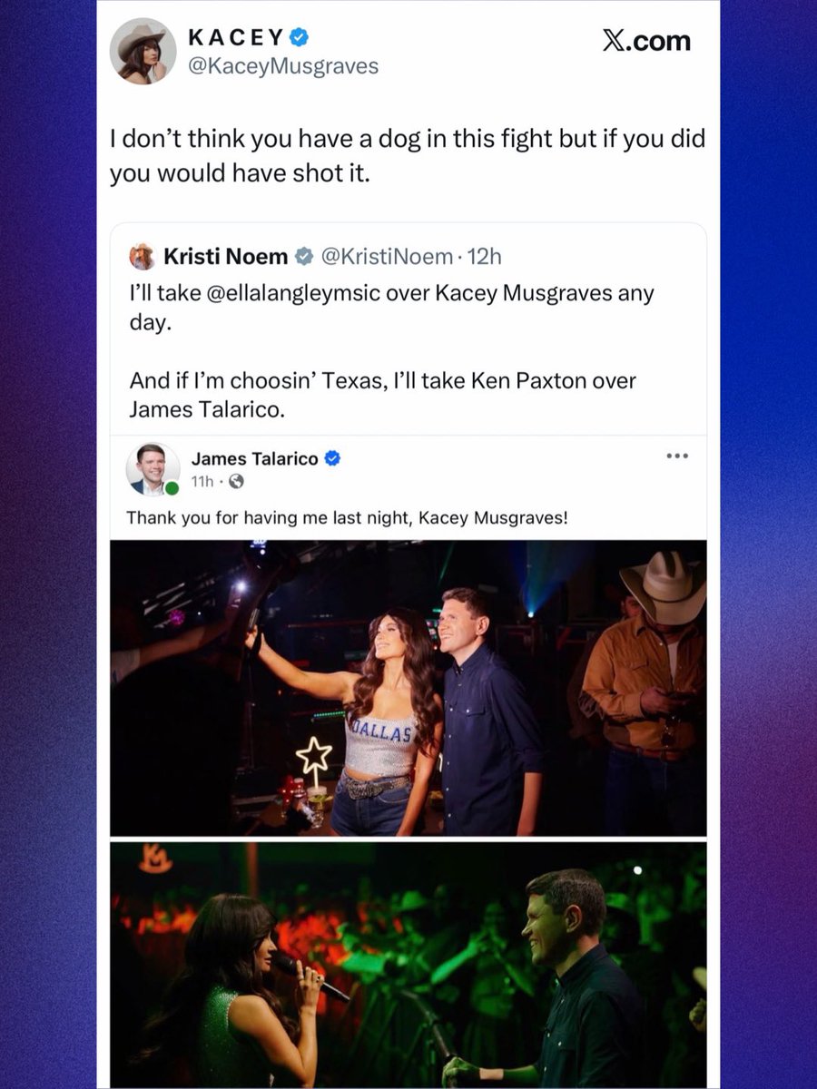 PopBase's tweet photo. Kacey Musgraves responds to Kristi Noem saying she prefers Ella Langley over her:

“I don’t think you have a dog in this fight but if you did you would have shot it.” https://t.co/fSw8fgod2i