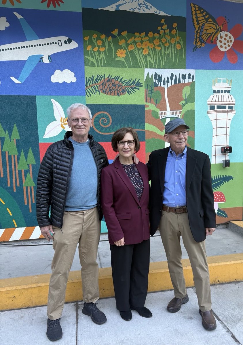 RepBonamici's tweet photo. It was an honor to celebrate two former colleagues whose work on transportation shaped our state and nation. Representatives Blumenauer and DeFazio spent decades fighting for policies and resources to support multimodal transportation—including bike infrastructure—and Oregon is a better place because of them. It’s fitting for their work to be celebrated with a mural at the Portland Airport @trimet MAX station.