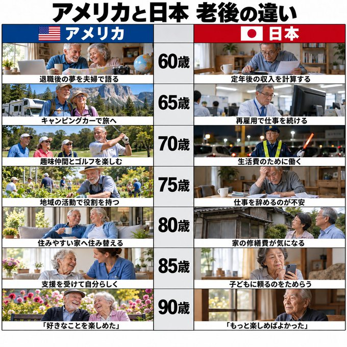 EricaLabogjq8o's tweet photo. アメリカの日本の老後の違いがこれ。 https://t.co/i0sA9avycF