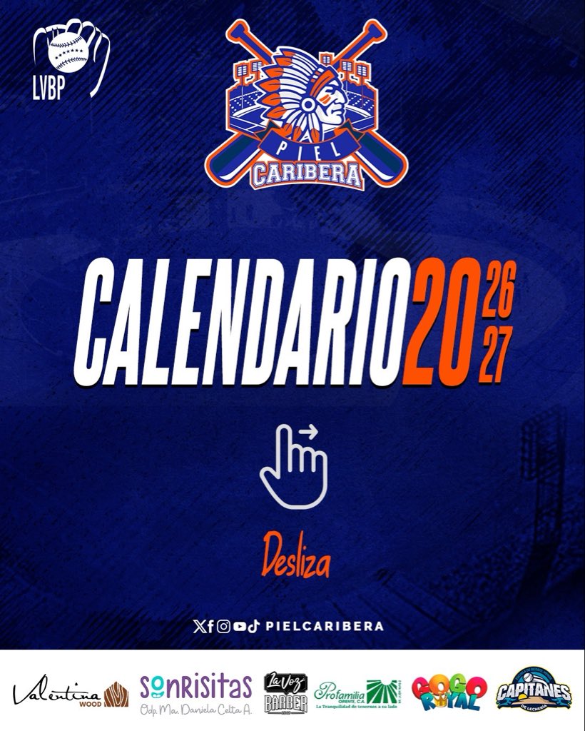 PielCaribera's tweet photo. ⚾ ¡Atención fanático!

Aquí te dejamos el Calendario Oficial de la temporada 2026-2027 de nuestros Caribes de Anzoátegui.

Presentado por:
@valentinawoodve 
@sonrisitasvzla 
@lavozbarber 
Profamilia
@gogoroyalve 
@capitanesdlecheria 

#PielCaribera #Caribes #LVBP https://t.co/KF3oSp9mAe