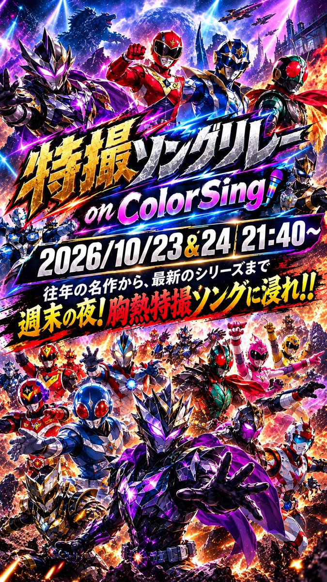 nomucolorsing's tweet photo. 【特撮ファン、全員集合！！】

🔥特撮ソングリレー on ColorSing 開催🔥

📅10/23(金)・24(土)
⏰両日21:40〜

昭和の名作から平成・令和の最新シリーズまで！
『全枠曲被りなし！！』でお届けします！
週末の夜、14人の戦士が奏でる胸熱特撮ソングに浸れ！！

#特撮リレー #ColorSing https://t.co/LrV40D55zD