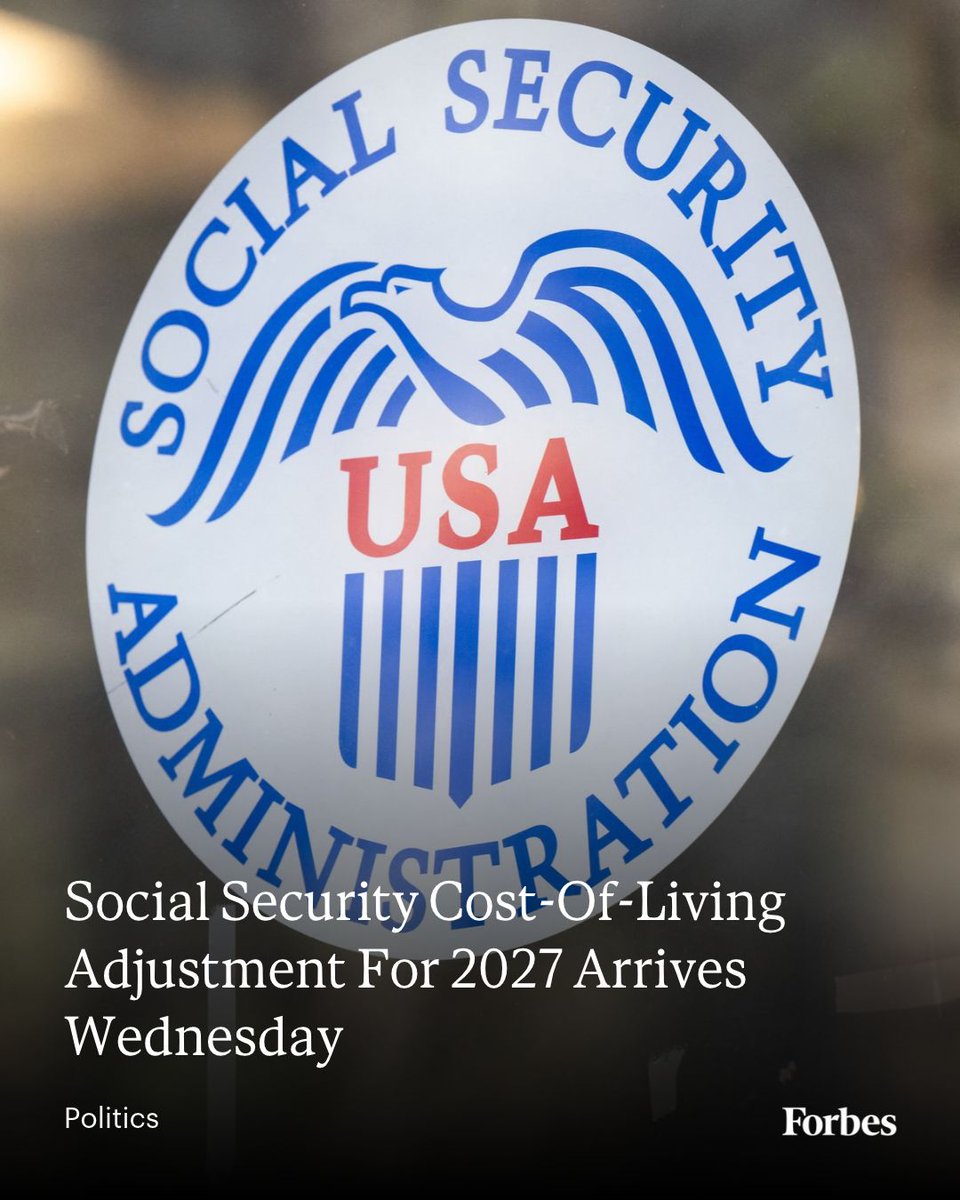 Forbes's tweet photo. The Social Security Administration is set to announce its 2027 cost-of-living adjustment on Wednesday, with estimates signaling a 3.5% to 3.6% increase.
Here's how it could impact you: https://t.co/POtrRRMVXq
📸: Saul Loeb/AFP via Getty Images https://t.co/iKqJ4K1NTB