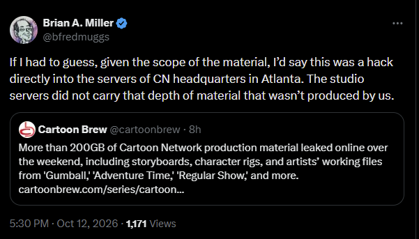 p9cker_girl's tweet photo. WOW If Former Cartoon Network Studios GM Brian Miller is correct.....this might be worse than the Game Freak hack😳 https://t.co/wLwXgy3YUr