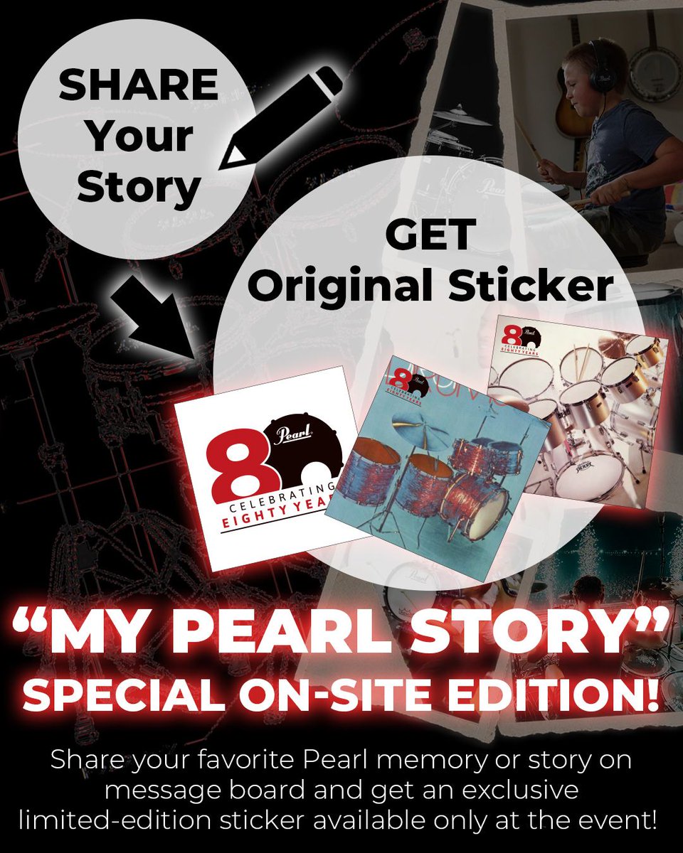 pearl_drum's tweet photo. パール80周年オフィシャルイベント 
Pearl Drums 80th Anniversary Fest. 
“Together We Shine”

イベントまであと2日！
「My Pearl Story」現地企画が決定！
イベント期間中は、SNSで好評実施中の「My Pearl Story」キャンペーン現地出張企画を開催。

あなたとパールのエピソードを寄せ書きして、ここでしか手に入らない限定ステッカーを手に入れよう！
（展示写真はイメージです）

#pearl80thfest