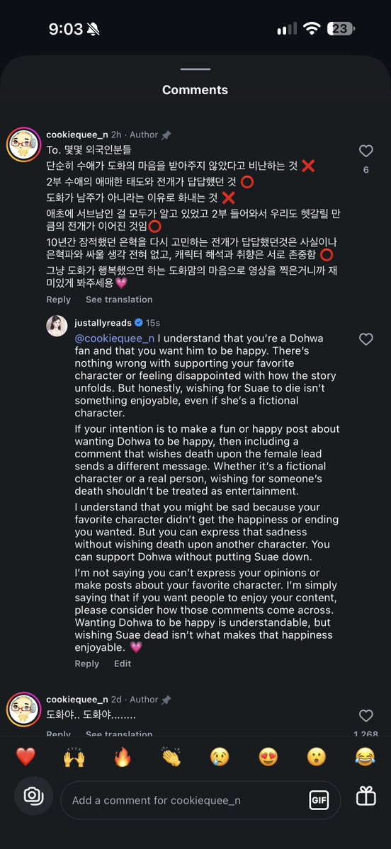 _MidnightAlly's tweet photo. You can want Dohwa to be happy without wishing Suae dead. If you want to make an enjoyable post celebrating your favorite character, why include a comment saying the female lead should die and call that a “happy ending”? 😕 Being disappointed with the story is understandable, but wishing death upon a character isn’t something we should normalize as entertainment. You can support Dohwa without wishing harm on Suae. 💗

#OperationTrueLove #작전명순정