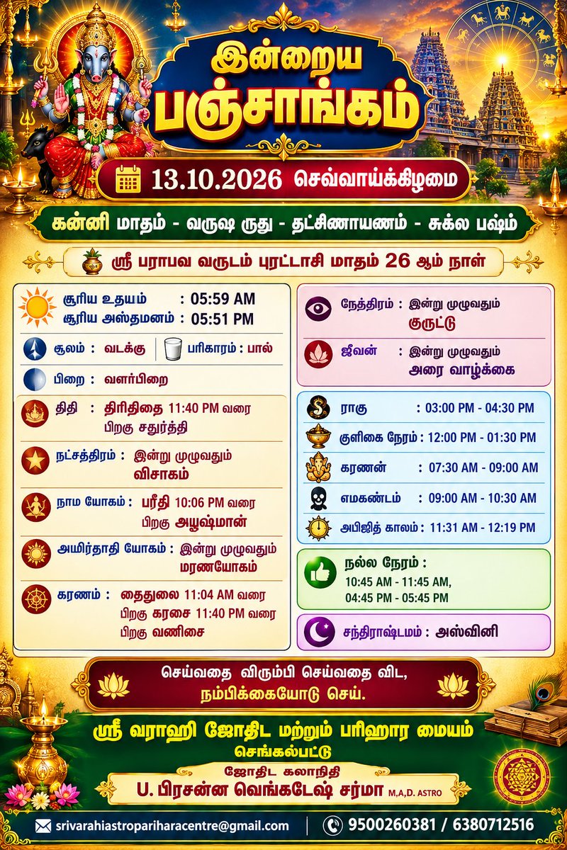 srivarahi_astro's tweet photo. 13-10-2026 செவ்வாய்க்கிழமைக்கான ஜோதிட தகவல்கள் மற்றும் ராசி பலன்கள் https://t.co/Sp8PdAXXDn