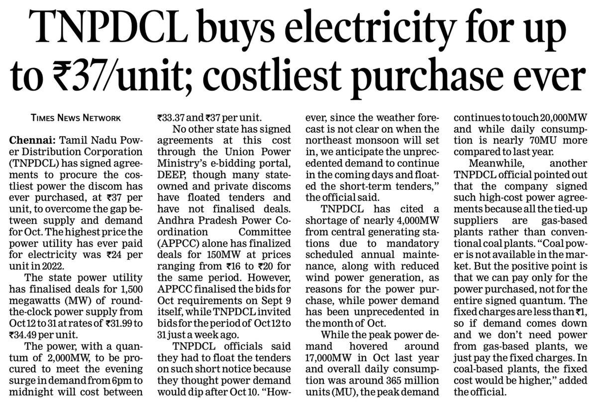 sudan_kiri's tweet photo. 🚨🚨Same Period, Different Prices: AP at ₹16–₹20, TN at ₹37/Unit

Tamil Nadu is buying power at unprecedented prices to bridge its supply-demand gap.

⚡ ₹31.99–₹34.49/unit for 1,500 MW of round-the-clock power
⚡ ₹33.37–₹37/unit for 2,000 MW during evening peak hours
⚡ Nearly 4,000 MW unavailable from central generating stations due to scheduled maintenance
⚡ Peak demand touching 20,000 MW, with daily consumption around 70 MU higher than last October.

The most concerning part is the failure to anticipate and prepare for the shortage early enough.

Andhra Pradesh finalised its tenders for the same period on September 9, while TNPDCL floated its tenders only about a week before the power was needed. AP secured power at ₹16–₹20/unit, compared with Tamil Nadu’s record ₹37/unit, although the timing and procurement terms differ.

Scheduled maintenance, reduced wind generation and uncertain monsoon timing may have contributed to the shortage. But these are foreseeable risks that demand advance planning.

Why did TNPDCL wait until the last minute instead of floating tenders well in advance, as Andhra Pradesh did?Poor planning can leave the state with little choice but to buy power at exorbitant rates, ultimately increasing the financial burden on the power utility.

Emergency procurement may be unavoidable. Paying a record price because preparation came too late is a different matter.