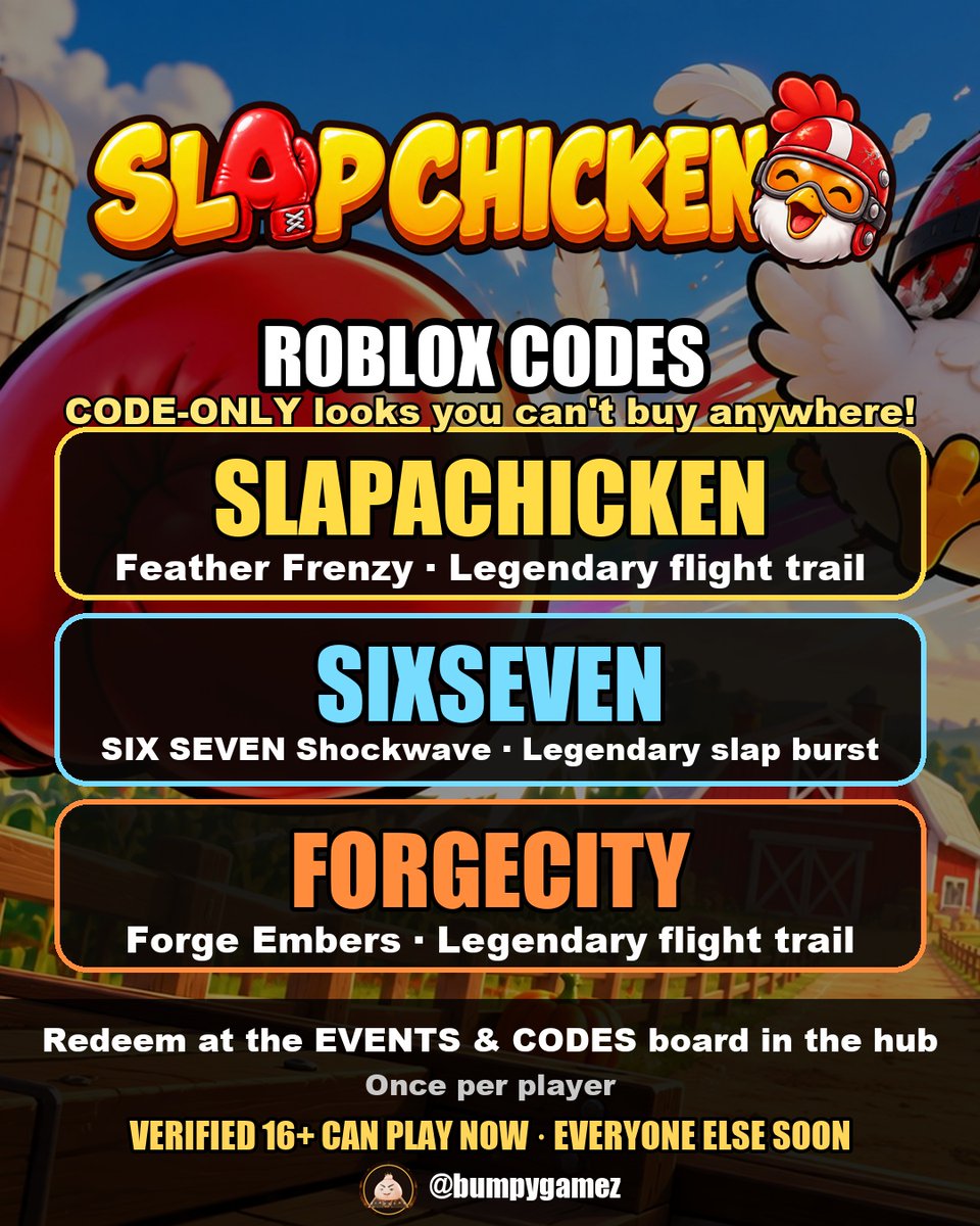 bumpygamez's tweet photo. NEW Roblox codes 🎁 (updated, these replace the old ones)

FORGE CITY: FORGECITY = Royalty Aura · FIRSTSPARK = Voltage Aura
SLAP A CHICKEN: SLAPACHICKEN · SIXSEVEN · FORGECITY = code-only trails

looks you can't buy anywhere 🔓 https://t.co/Ei8oAGaHIR
#roblox #robloxcodes https://t.co/KmZPr8Ecms