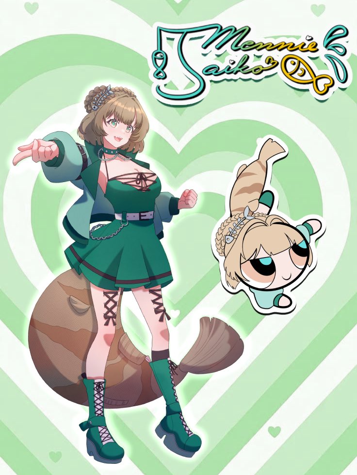MeMiMe_Official's tweet photo. Mennie as Buttercup, the toughest fighter! 🎣

💚 Model art by inaka @/ina0akatarou 
🩶 Chibi art by Heretic

(Mimi's costume is up next!) https://t.co/brlajXD4Fk