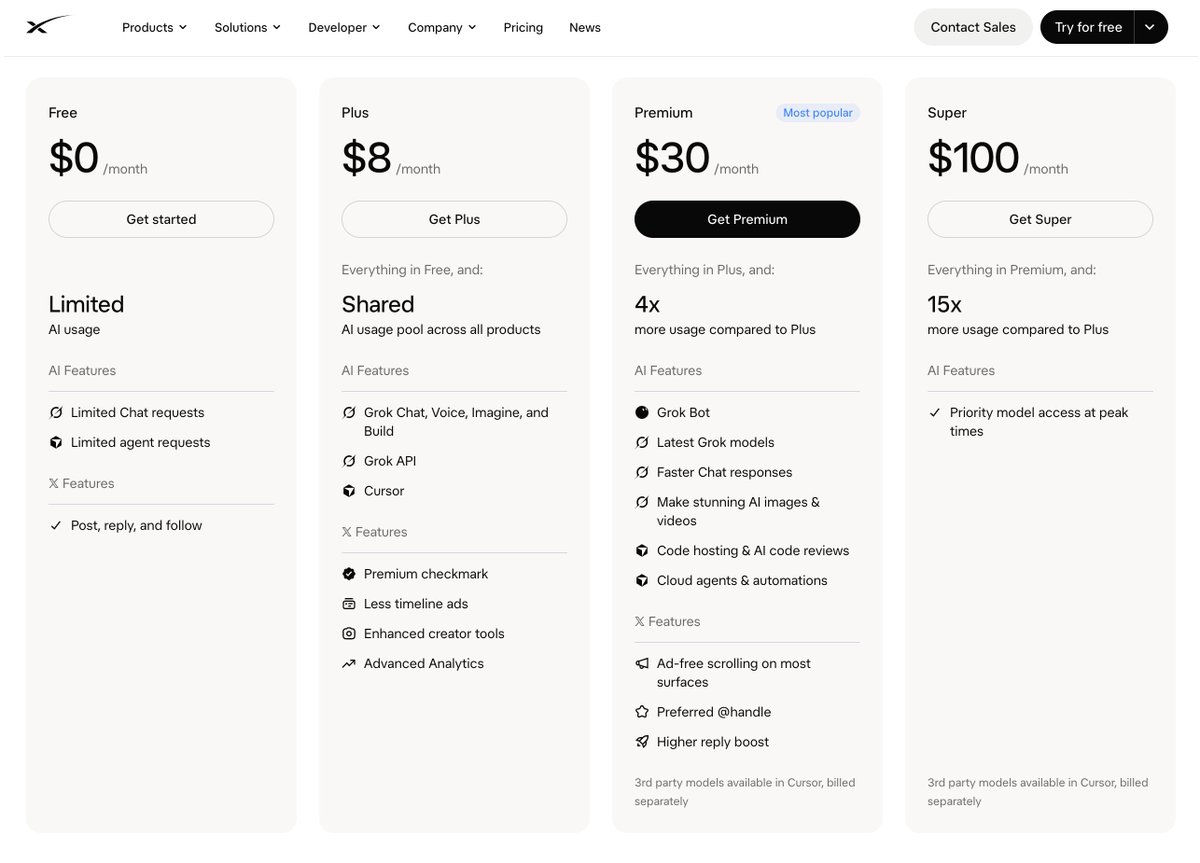 SpaceXSI 正式推出订阅全家桶「The X Subscription」

把此前相互独立的 Grok 订阅、Grok Bot、Cursor 订阅和 X Premium 订阅合并为一个统一的订阅体...