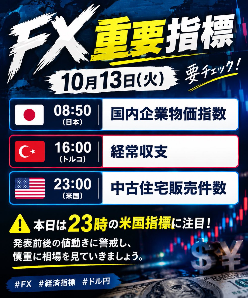 FXghoul_'s tweet photo. 【 FX重要指標｜10月13日(火)】

08:50 国内企業物価指数
16:00 経常収支
23:00 中古住宅販売件数

本日は23時の米国指標に注目。
発表前後の値動きに警戒し、慎重に相場を見ていきましょう。

#FX #経済指標 #ドル円 https://t.co/k86mQj5OBl