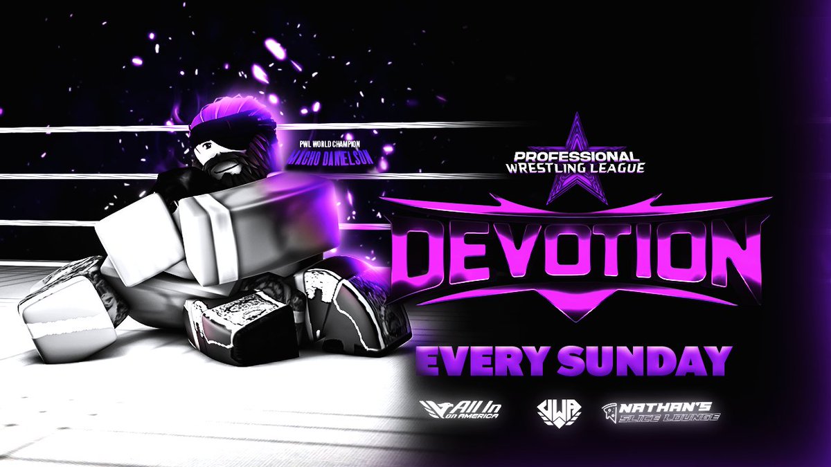 PWLROBLOX's tweet photo. 𝗧𝗛𝗘 𝗥𝗘𝗧𝗨𝗥𝗡 𝗪𝗔𝗦 𝗝𝗨𝗦𝗧 𝗧𝗛𝗘 𝗕𝗘𝗚𝗜𝗡𝗡𝗜𝗡𝗚.

The Professional Wrestling League is Officially BACK, and coming to your screens LIVE Every Sunday at 8/7c. 🟣

This is where the BEST Wrestle. Bringing you entertainment live on Nathans Slice Lounge just in case you happen to miss us. 🍕📺

If you think you can hang in one of the most Action-Packed shows Ro-Wrestling has to offer, Join the fight. 💪

#PWL2026