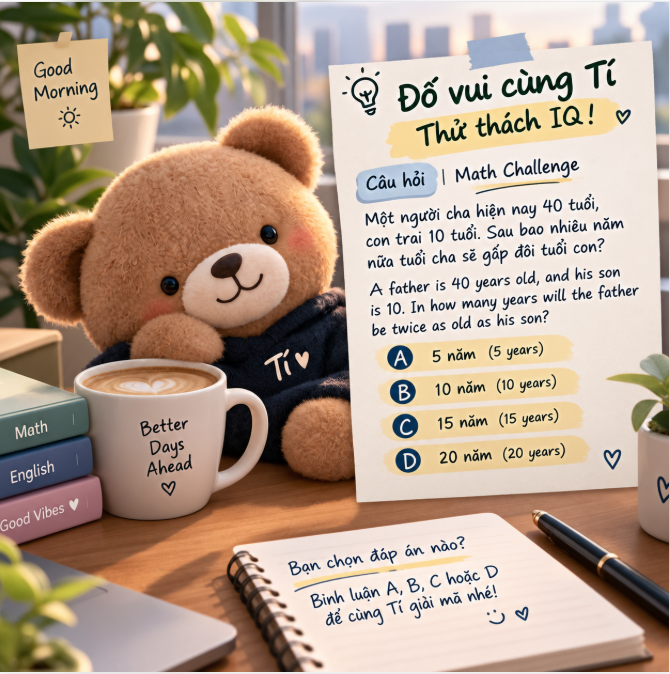 funnycloud12's tweet photo. ☀️🧸 ĐỐ VUI CÙNG TÍ – THỬ THÁCH IQ! 🧠

Một câu đố nhỏ cho buổi sáng thêm thú vị nhé! ☕✨

🤔 Câu hỏi | Math Challenge
Một người cha hiện nay 40 tuổi, con trai 10 tuổi. Sau bao nhiêu năm nữa tuổi cha sẽ gấp đôi tuổi con?

A father is 40 years old, and his son is 10. In how many years will the father be twice as old as his son?

🔹 A. 5 năm (5 years)
🔹 B. 10 năm (10 years)
🔹 C. 15 năm (15 years)
🔹 D. 20 năm (20 years)

💬 Bạn chọn đáp án nào? Bình luận A, B, C hoặc D để cùng Tí giải mã nhé! ❤️
Think carefully, answer confidently! 🧸💡
#CungTi #MathChallenge #IQChallenge #EnglishLearning