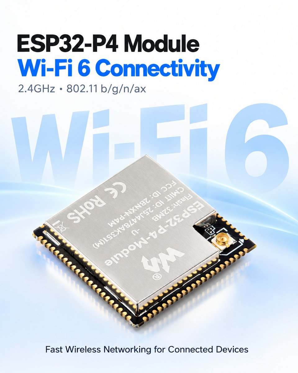 waveshare00's tweet photo. Build advanced connected devices faster with this powerful ESP32-P4 core module. Dual-chip design gives you Wi-Fi 6 and Bluetooth 5.3, while 32MB PSRAM and up to 32MB Flash handle rich AI and video tasks. Onboard ISP, H.264, and JPEG processing make camera and voice projects easy. Its tiny 25×25mm castellated form factor and flexible antenna options fit compact designs. Ideal for smart industry, wearables, HMI, and IoT.

·Part No. ESP32-P4-Module   
·Description https://t.co/lunAqpiB9q