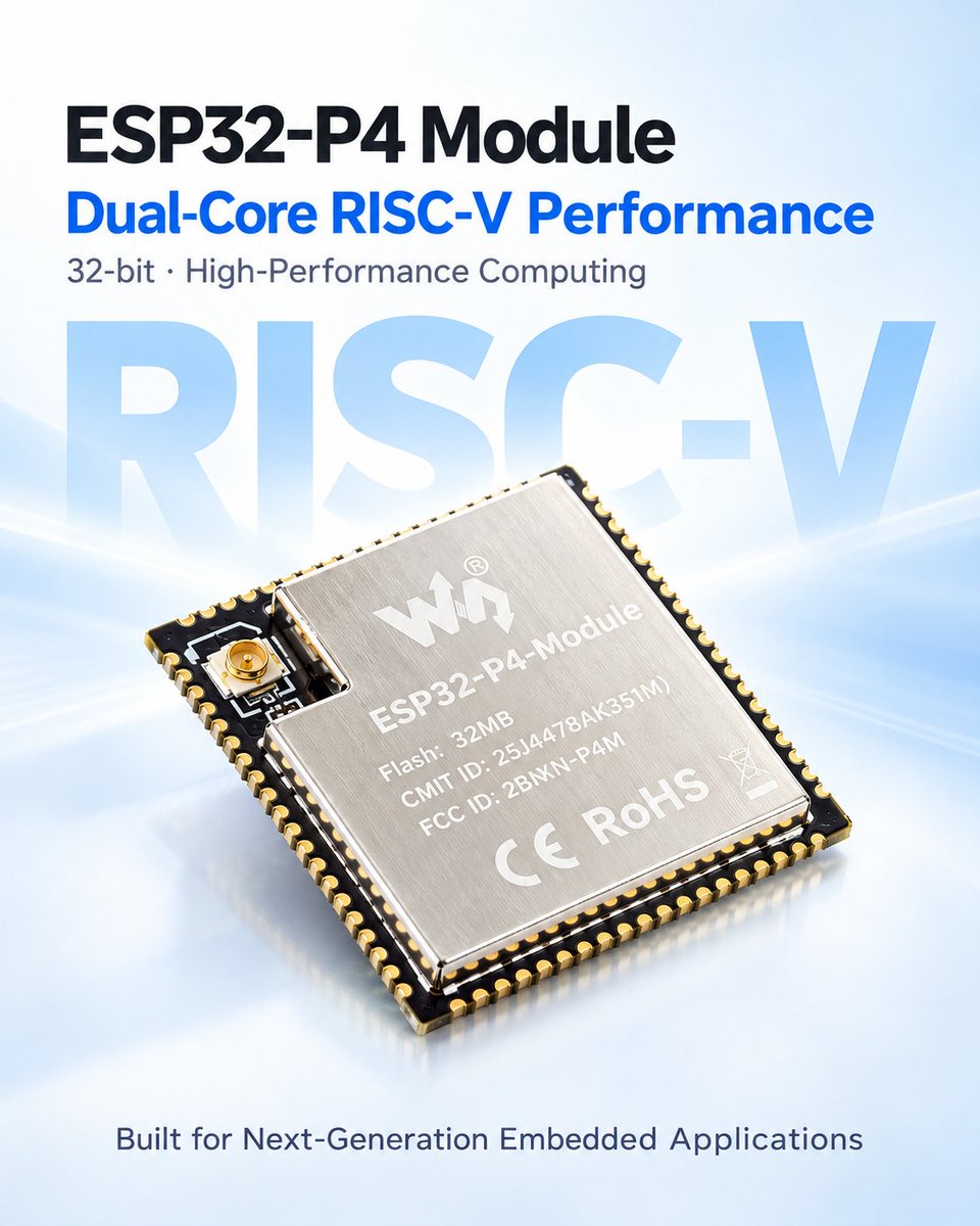waveshare00's tweet photo. Build advanced connected devices faster with this powerful ESP32-P4 core module. Dual-chip design gives you Wi-Fi 6 and Bluetooth 5.3, while 32MB PSRAM and up to 32MB Flash handle rich AI and video tasks. Onboard ISP, H.264, and JPEG processing make camera and voice projects easy. Its tiny 25×25mm castellated form factor and flexible antenna options fit compact designs. Ideal for smart industry, wearables, HMI, and IoT.

·Part No. ESP32-P4-Module   
·Description https://t.co/lunAqpiB9q
