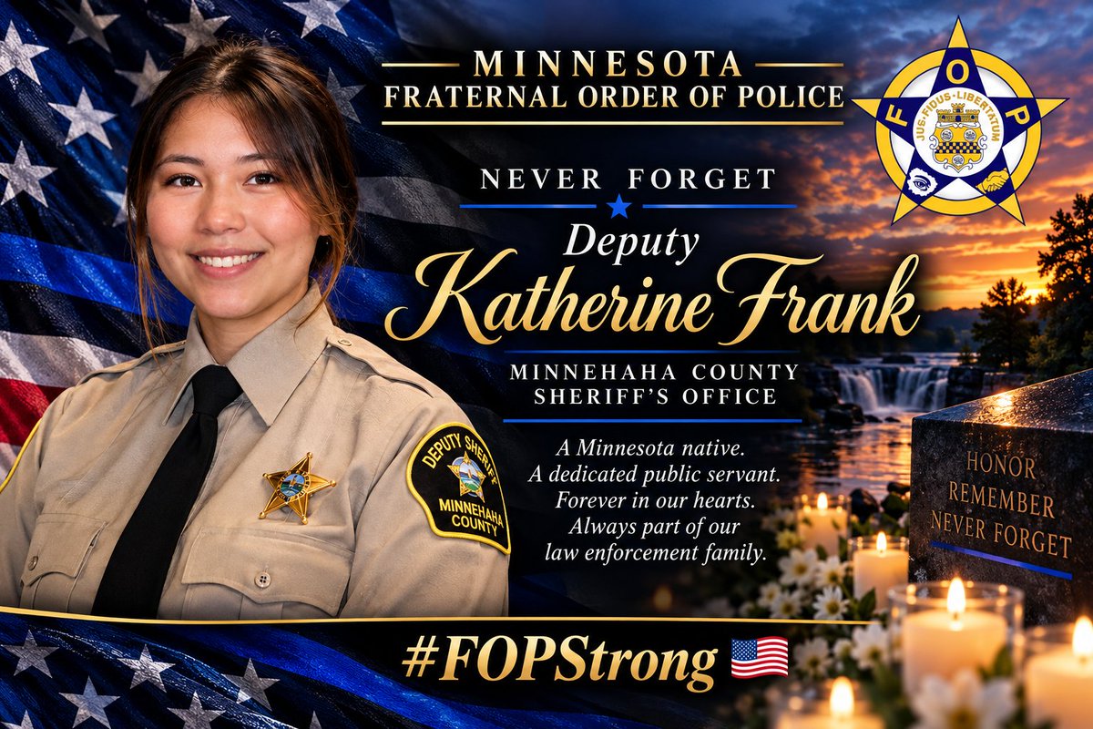MNFOP's tweet photo. The Minnesota FOP mourns Deputy Katherine Frank of the Minnehaha County Sheriff’s Office.

A Minnesota native and South Dakota FOP member, Katherine will never be forgotten.

Our hearts are with her family and fellow deputies. 🇺🇸💙

#FOPStrong #NeverForget @MinnehahaCounty https://t.co/VXEsz4AcTj