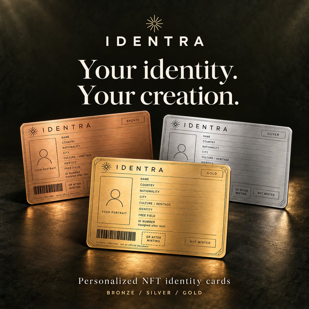 IDENTRANFT's tweet photo. Your identity. Your place in IDENTRA.

Only 2,500 cards across Bronze, Silver, and Gold.

Want yours? Drop your EVM wallet address below. https://t.co/AMEjLKybMp