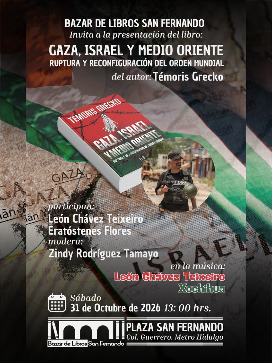 temoris's tweet photo. Presentaciones en Coyoacán y en Centro CDMX con el querido León Chavez Teixeiro

La lucha en Palestina, la ofensiva del tecnofascismo, las redes de Jeffrey Epstein y el espionaje en tu celular son expresiones de la ruptura del orden mundial basado en reglas.

Está dividido en tres partes:

*Lo que la hasbará no puede ocultarte: origen, desarrollo y mentiras de un proyecto supremacista

*Israel, Epstein, tu teléfono celular y cómo el Cordyceps se apoderó de Washington

*El estallido de los engaños

Conoce los detalles y el capitulado aquí: https://t.co/LU2Tk2BvX9 o en https://t.co/D7jMP4AHve

🗓️ Sábado 24 de octubre
👥 El periodista español de conflicto Vicent Montagud y el autor
⏱️ 17.00 horas
📍Librería Octavio Paz del FCE
📽️ Evento del Festival DocsMX

🗓️ Sábado 31 de octubre
👥 El legendario cronista musical León Chávez Teixeiro, el músico y matemático Eratóstenes Flores y el autor
🔥 Toquín de León Chávez Teixeiro y Xochihua
⏱️ 13.00 horas
📍Bazar de libros de la Plaza San Fernando

🗓️ Viernes 6 de noviembre
👥 El internacionalista y escritor Carlos Pérez Ricart y el autor
⏱️ 19.00 horas
📍Librería Sándor Márai (c. Emilio Dondé 7)

🗓️ Sábado 14 de noviembre
👥 Andrew Haddad (Centro Cultural Palestino Beitna), Ronit Guttman (Agrupación Mexicana de Judíes Interdependientes), Micaela Gramajo (Judíes por una Palestina Libre) y el autor
🔥Performance “Los olivos arden” por el colectivo Doikait
⏱️ 19:00 horas
📍Espacio Nativo (Gobernador José Guadalupe Covarrubias 57-20, San Miguel Chapultepec)

🗓️ Fecha por confirmar
👥 ¡Sumudnautas! Navegantes de México a Gaza: Sol González Eguía, Violeta Núñez, Ernesto Ledesma y el autor
⏱️ 19:00 horas
📍Restaurante TierrAdentro (c. Milán, 22, Col. Juárez, CDMX)