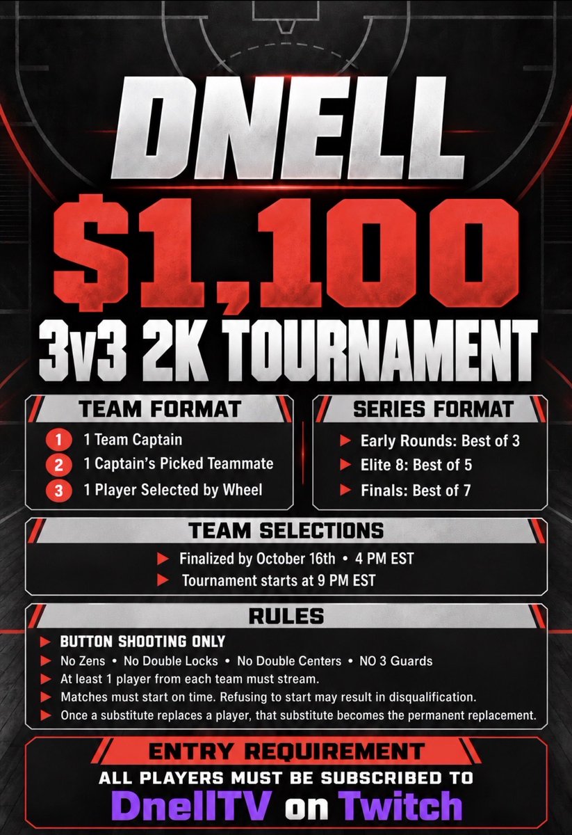 DnellGang's tweet photo. This Friday We Are Hosting a $1,100 3V3 2K Tournament. 

October 16th 4pm est ( Teams Finalize )

Tournament starts SAME DAY 9PM est

Will be preparing teams and brackets so everything will be set and ready to go!
Dms for questions or come to my stream https://t.co/lhH0UgZ6bp https://t.co/t6KCkaUPLs