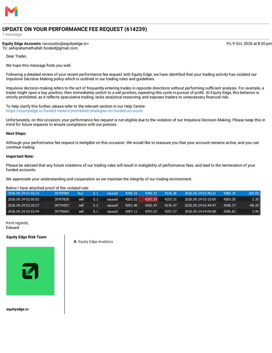 sxfq_4x's tweet photo. @EquityEdgeUK  Allegedly Rejected my Payout in The Name of Impulsive Trading,i didnt breach that rules,i stick to my plan and strategy and execute the trade,i explained in discord but says again and again same trade details and closed my ticket
Worst!!!!
#scam #propfirm https://t.co/wtzzzTCfw3