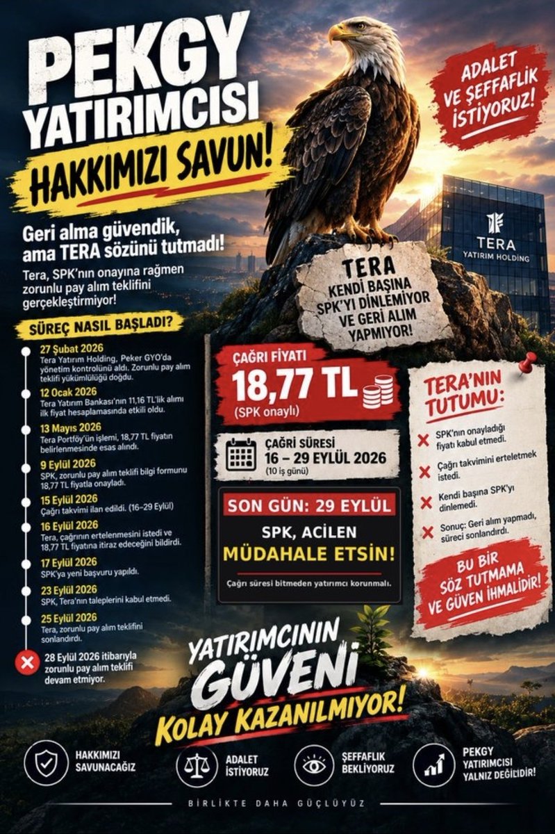 Turkiyem0007's tweet photo. Sermaye piyasalarına duyulan güvenin korunması,yatırımcıların haklarının kâğıt üzerinde kalmaması ve benzer durumlarda bireysel yatırımcıların mağdur edilmemesi adına #PEKGY zorunlu pay alımı işleme konulmalıdır. Emsal teşkil edicek bu olayda gözler @spkgovtr üzerinde @iletisim https://t.co/2kdSlsuswl