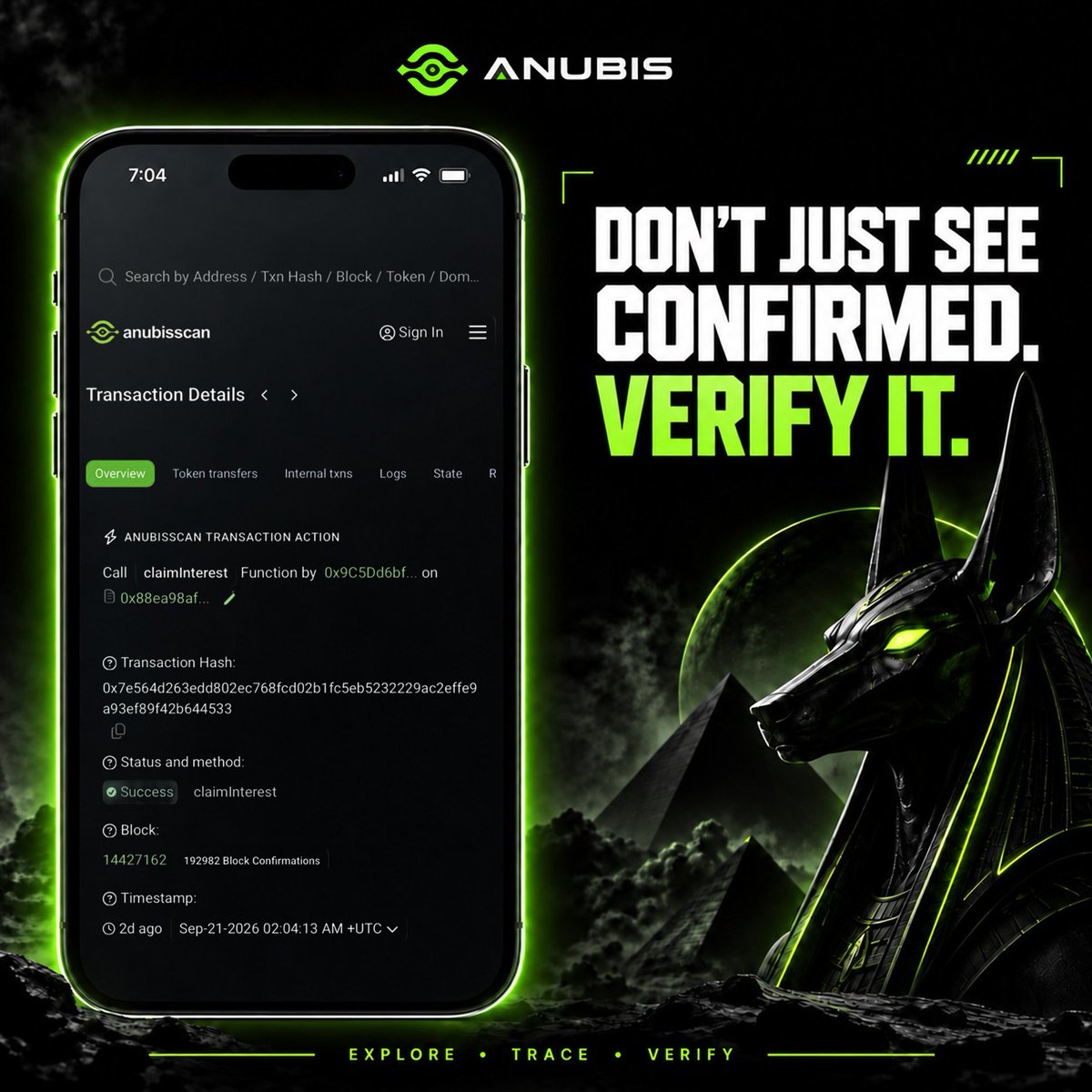 AnubisLayer1's tweet photo. Your transaction says “Success.” But what can you actually verify? 🔎

Open it on AnubisScan.

Status. Block. Timestamp. Sender. Token transfers. Fees.

Everything you need to see what actually happened onchain.

Don’t just see “confirmed.” Verify it.

#AnubisChain #AnubisScan https://t.co/DPGOgVobiX