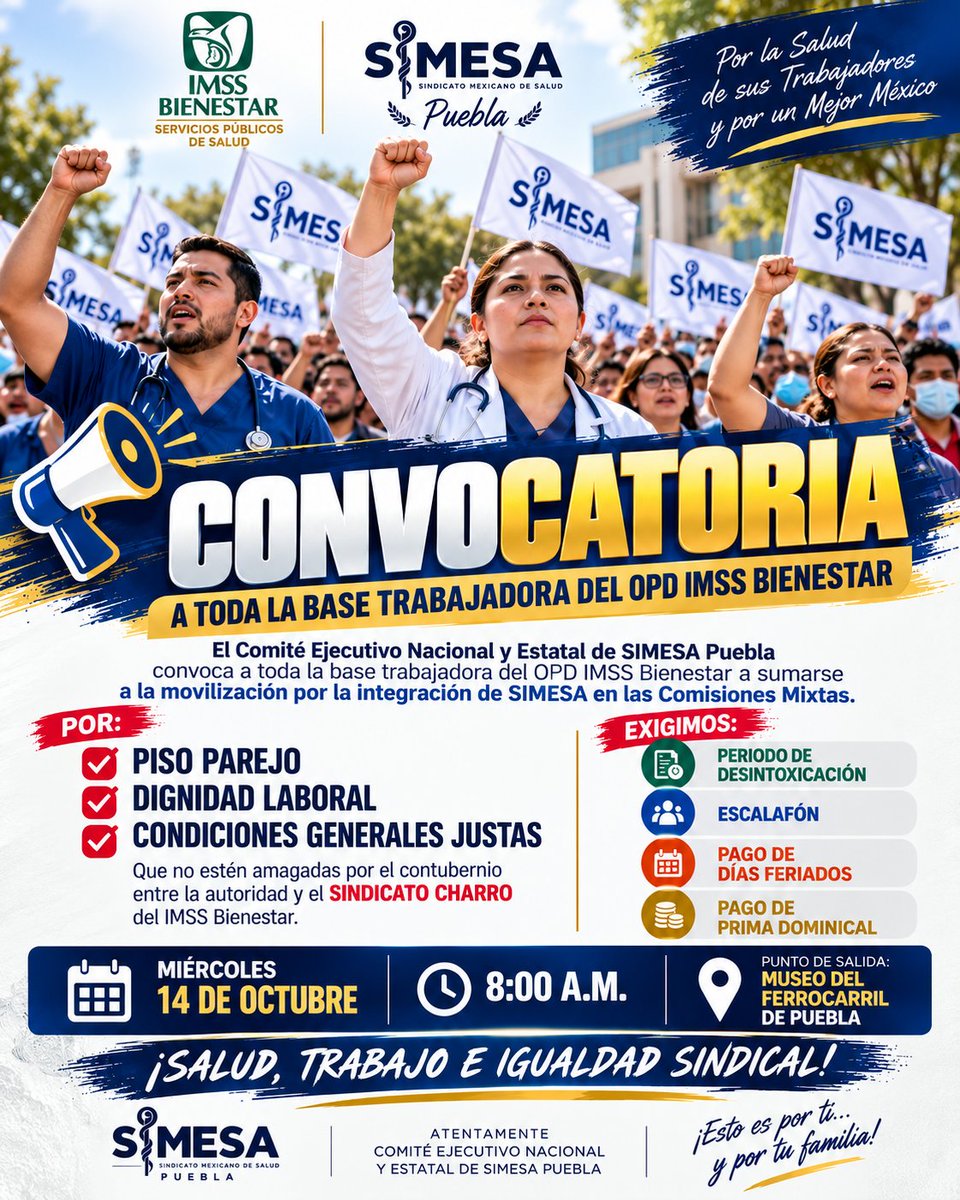 SSimesa17496's tweet photo. 📢 ¡PISO PAREJO Y DIGNIDAD LABORAL!
SIMESA convoca a la base trabajadora del OPD IMSS Bienestar a movilizarse por condiciones justas e integración en las Comisiones Mixtas.
📷 14 de octubre | 8:00 a. m. 📷
#SIMESAPuebla #IMSSBienestar https://t.co/9Iap9JvOG8