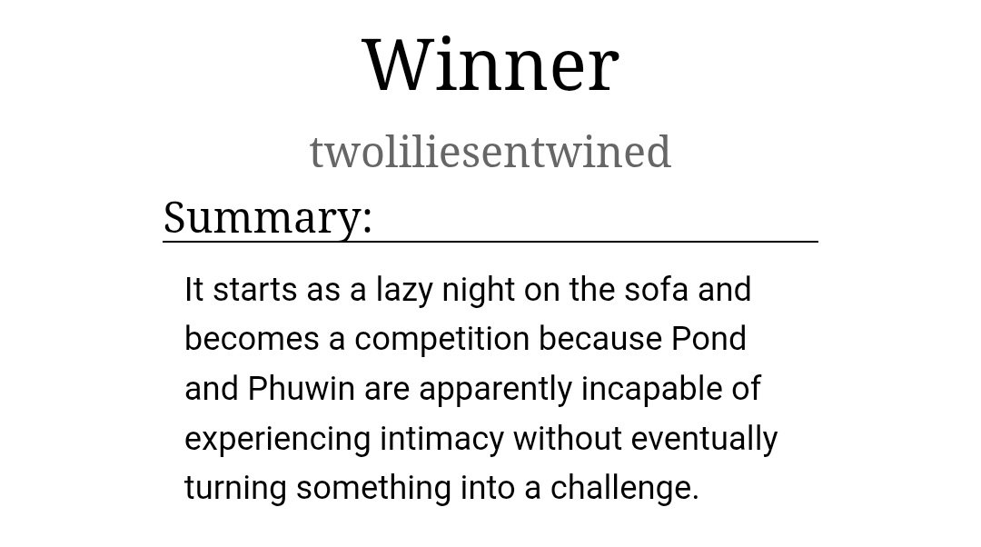 lilieslibrary's tweet photo. "Winner"
PondPhuwin ppw AO3 fanfic AU |  🔞 | PWP 

https://t.co/Q6WyesvEKw https://t.co/9LCA1rm5fn