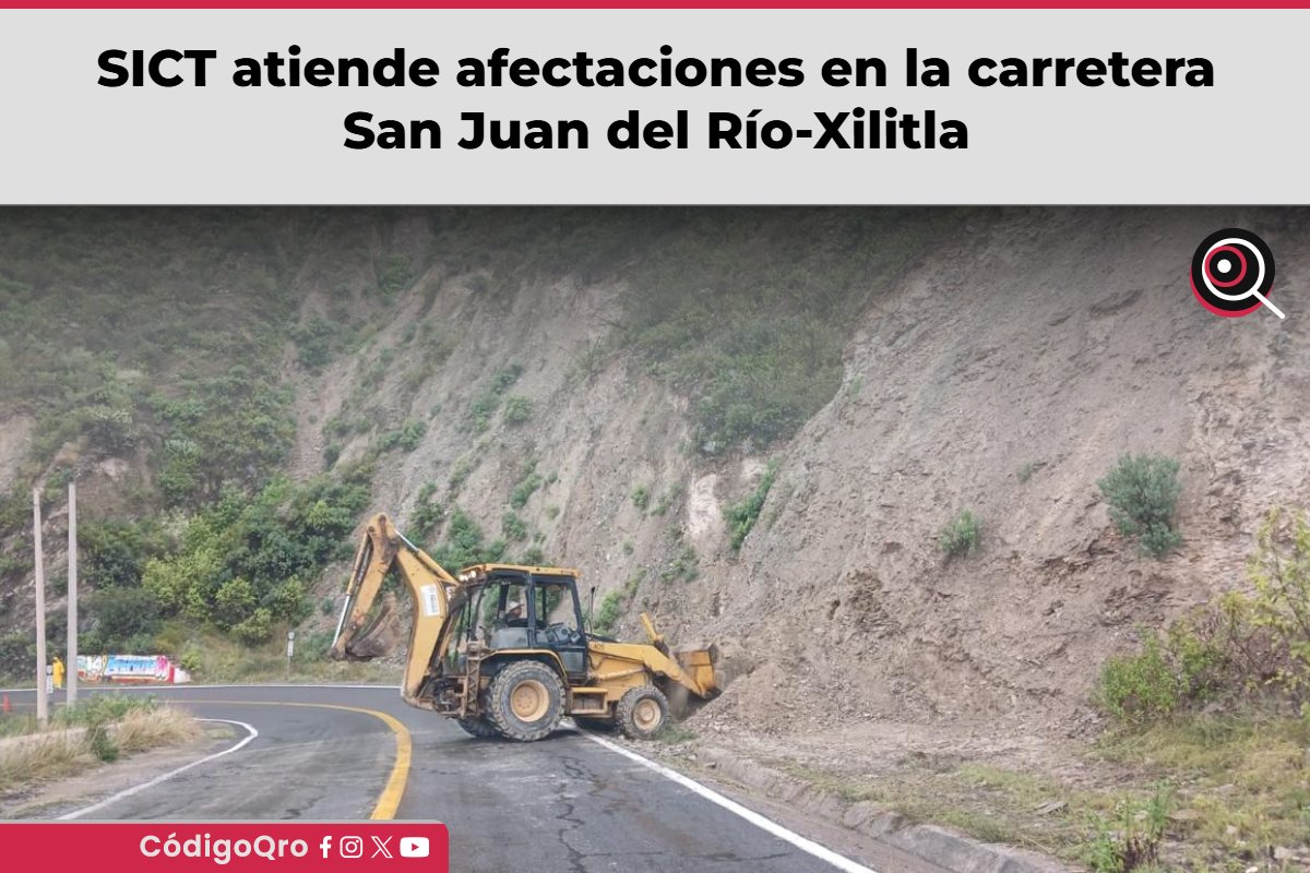 CodigoQro's tweet photo. Atiende SICT derrumbes por lluvias en la carretera San Juan del Río-Xilitla 🚗🌧️

La SICT Querétaro realizó labores de limpieza y liberación de vía tras varios deslizamientos de tierra y material rocoso provocados por las lluvias en municipios como Peñamiller, Pinal de Amoles y San Joaquín.

https://t.co/ekCNang0gB

#SICT #Querétaro #Carreteras #SierraGorda #Precaución Vial