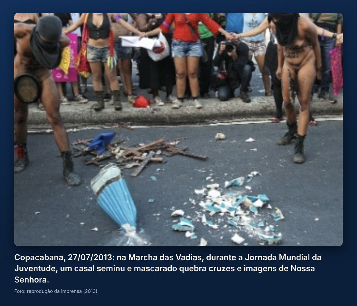 rafaocatolico's tweet photo. Juliette diz que Nossa Senhora "desperta tanto ódio em quem quer mandar no país". Então vamos relembrar, com fontes, os ataques a imagens e símbolos católicos no Brasil e onde estavam os partidos da base de Lula. Começando por esta foto de 2013. 🧵 https://t.co/lnwXct5huB