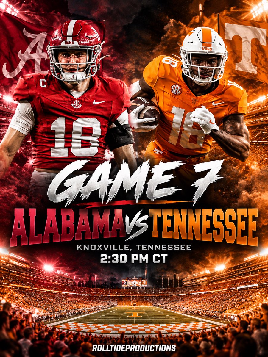 RollTideProds's tweet photo. GAME 7 Alabama vs Tennessee The Third Saturday In October in Neyland Stadium!π₯π₯π₯
What are yβallβs thoughts heading into this matchup who wins???π€π€π€
#alabamafootball #RollTide https://t.co/scGT2Ucbnu