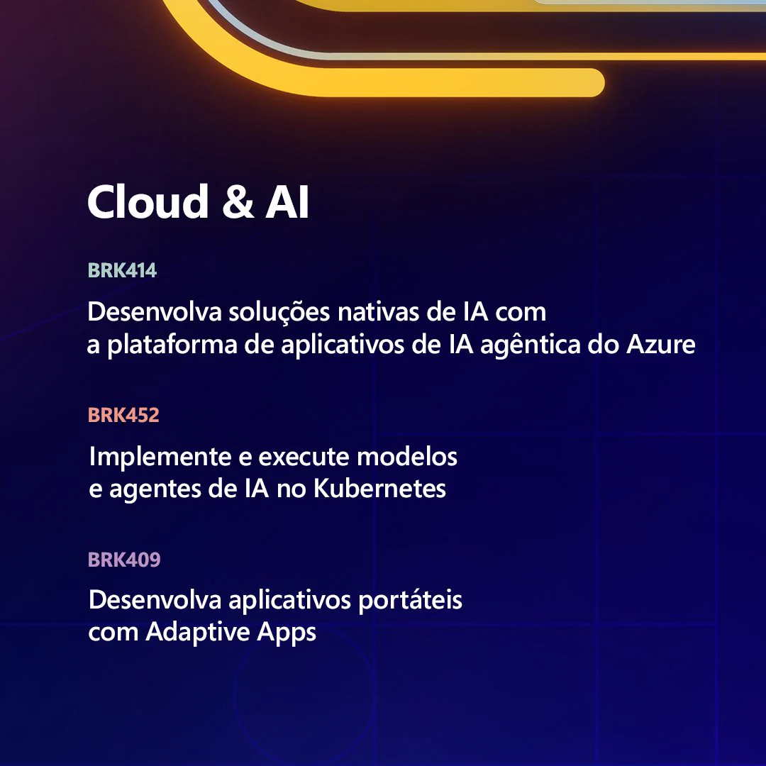 Fundo azul-escuro com linhas coloridas e três sessões sobre IA, Azure, Kubernetes e Adaptive Apps.