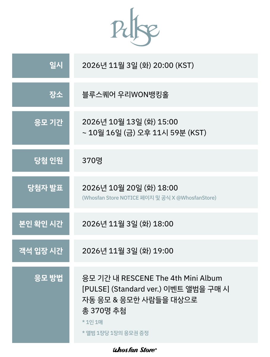 WhosfanStore's tweet photo. [🎟️] 
#RESCENE #리센느
4th Mini Album [#PULSE]
SHOWCASE 초대 이벤트 OPEN💙

📅기간 10/13 (화) 15:00 ~ 10/16 (금) 23:59 (KST)
⏰일시 11/3 (화) 20:00 (KST)

✨응모하기✨
Standard ver.🔗 https://t.co/Xvp4Mpx5S0

@RESCENEofficial
#WhosfanStore #후즈팬스토어 https://t.co/CCQVZEBXGK