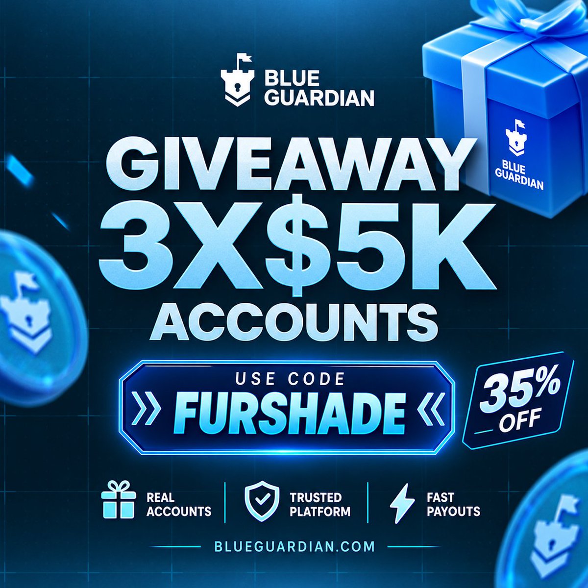 Furshade12's tweet photo. 🎉 GIVEAWAY: 3 × $5K FUNDED ACCOUNTS! 💙

We're giving away 3 funded accounts worth $5,000 each! 🚀

How to enter:
✅ Follow @BlueGuardiancom @GuardianFutures @Furshade12
@TradeLynx_Fx 
Like this post
🔁 Repost / Retweet
👥 Tag 3 trader friends

🏆 3 lucky winners will be announced in 72 hours! ⏳

🔥 Don't miss your chance to win! Good luck, traders! 🍀