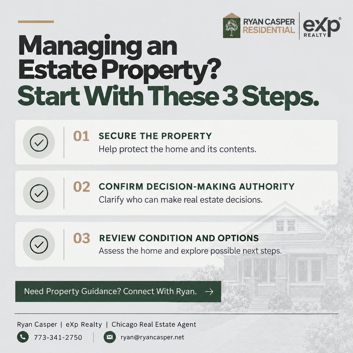 ryanleecasper's tweet photo. Managing an estate property in Chicago?

3 steps to start:
✅ Secure the property.
✅ Confirm decision-making authority
✅ Review condition &amp; options

As one of the trusted real estate agents in Chicago, Illinois, I'm here to help.

773-341-2750
ryan@ryancasper.net https://t.co/slgWaAWZUb