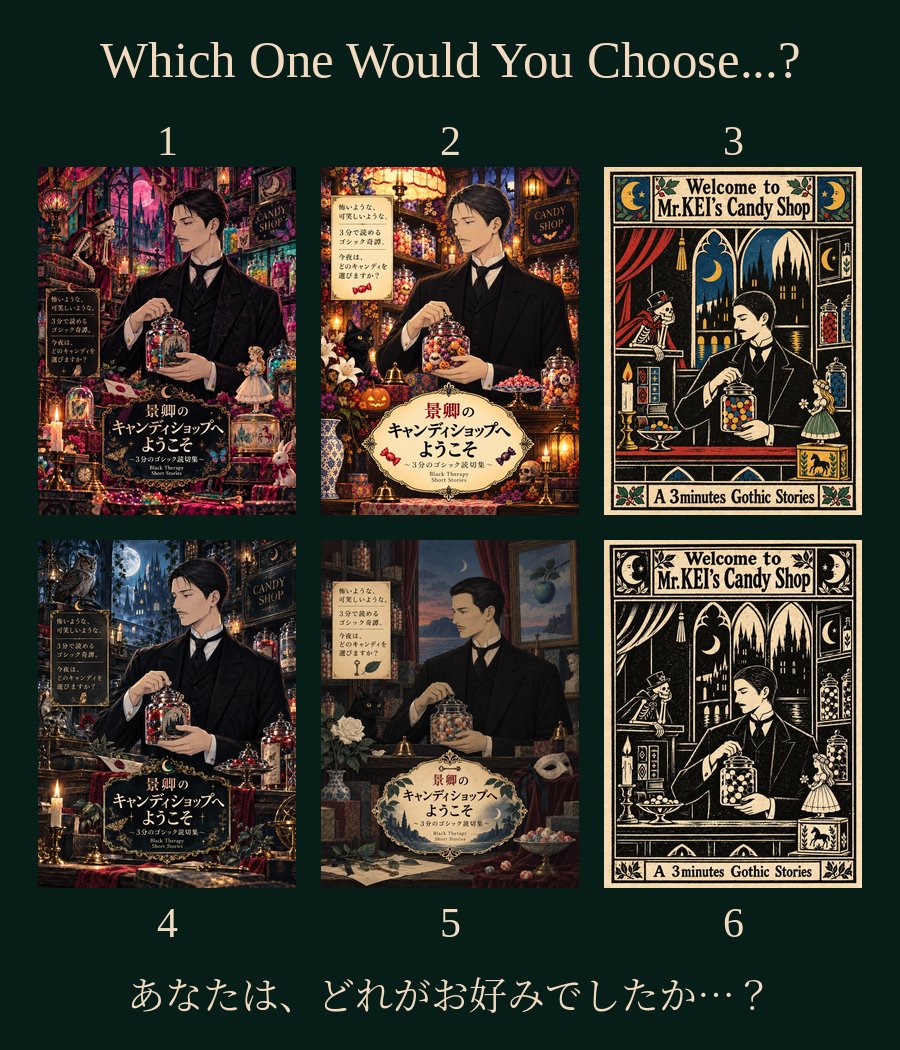 BTbyKEI's tweet photo. 🍬 同じ小説なのに、表紙が６種類🦇
あなたは、どれがお好みですか？👻
一見、遠く離れた表現同士でも、同じ人形がいたりします。
初見の方も、ぜひお気軽に番号で教えてください🎃
※画像は生成AIを使用し、作者が加筆・調整しています。 https://t.co/HenNJqleC3